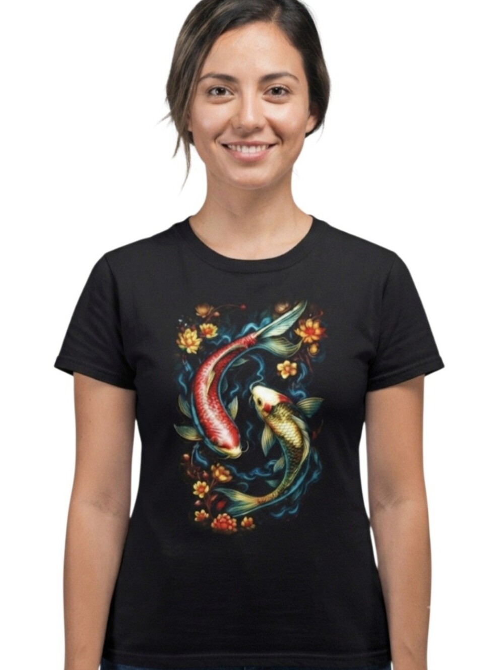 Upcycled Twin Koi Fish Water Lily Graphic T-Shirt Size M Japanese Zen Tee Black